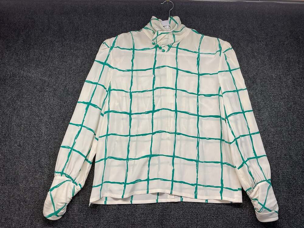 Starington Vintage 100% Silk Green/Cream Checkered Blouse w/Button-Cuff Sleeves